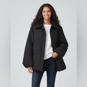 Simply, Vera Vera Wang Black Quilted Puffer Jacket With Faux Fur Trim, Size XL